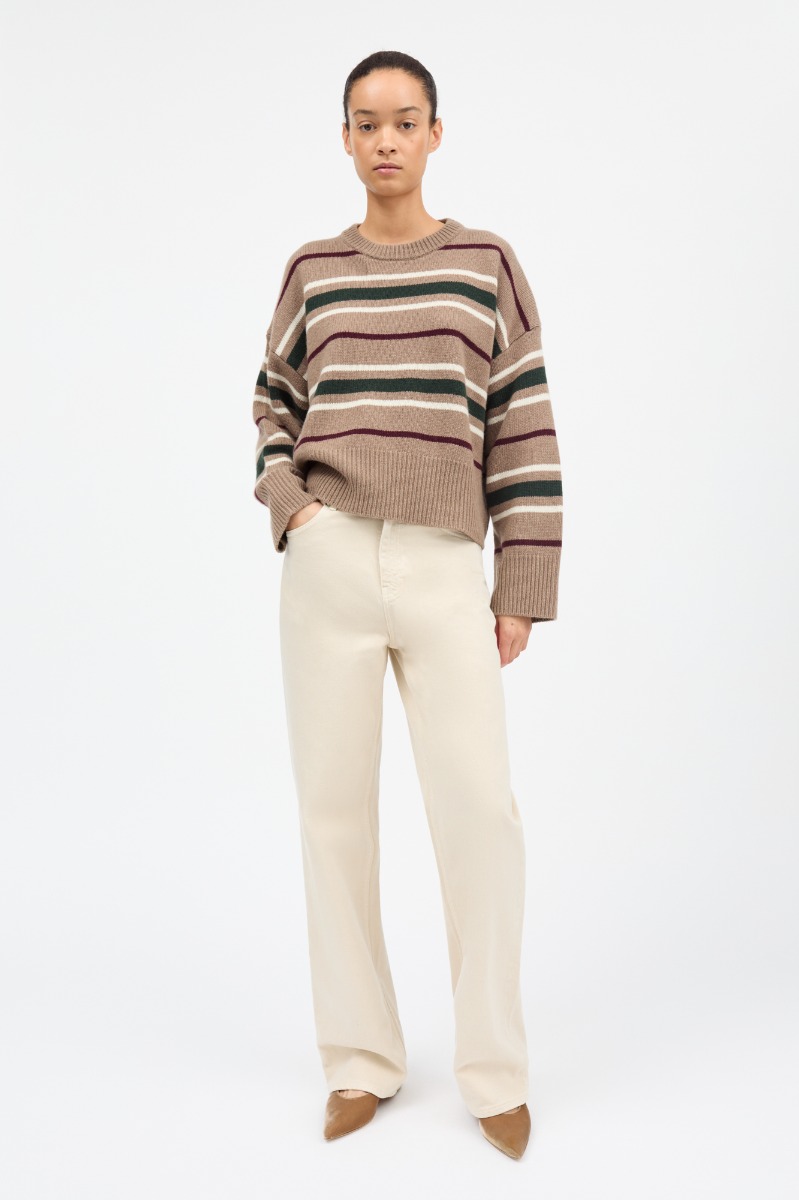 Skall Studio Cannes Jumper 100% Merino Uld, Light Brown/green/wine Stripe