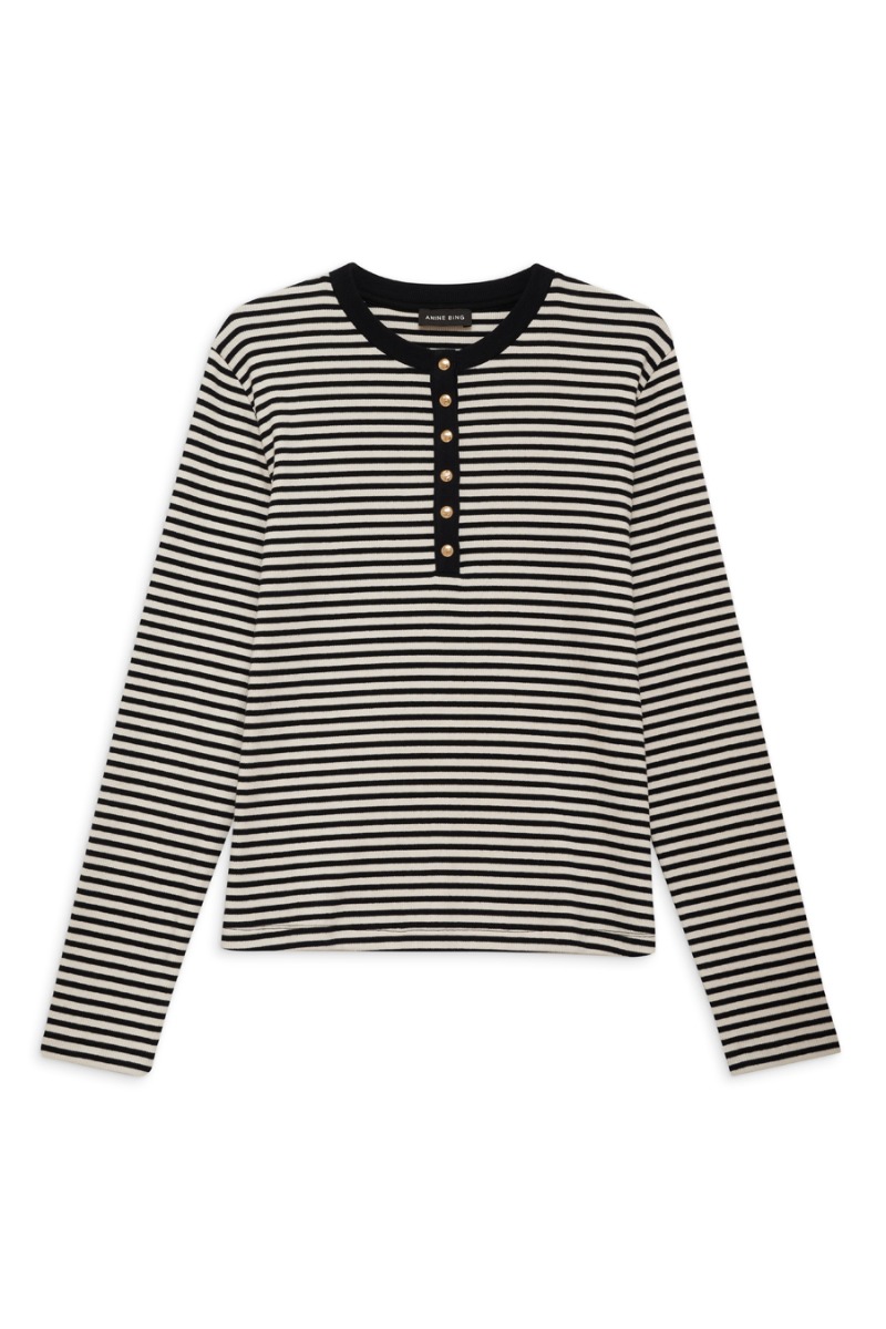 Anine Bing Alessia Long Sleeve Tee A-08-10314, Cream And Black Stripe