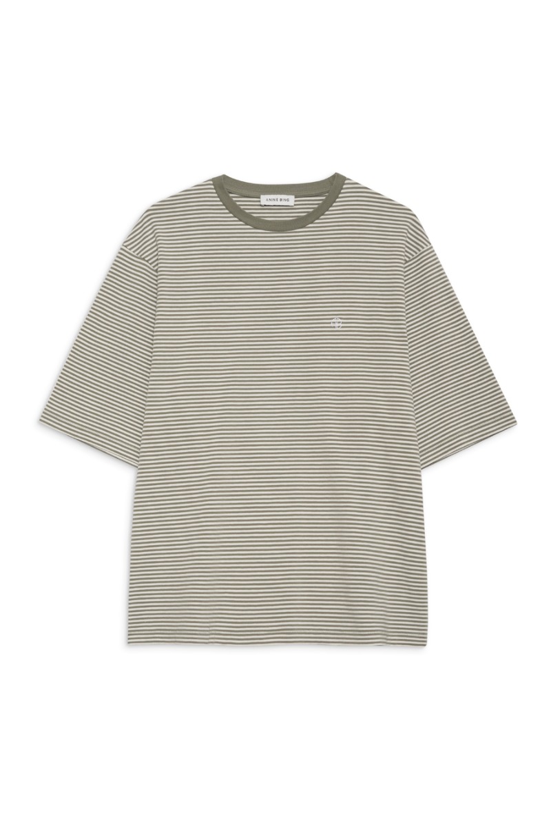 ANINE BING Bo Tee A-08-2394, Olive And Ivory Stripe