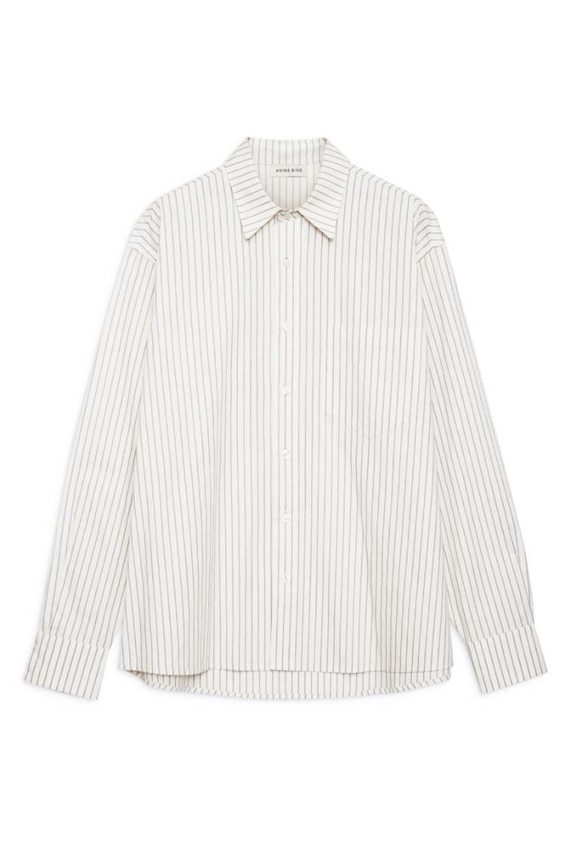 Anine Bing Braxton Shirt A-07-2799, Ivory And Blue Monogram Stripe