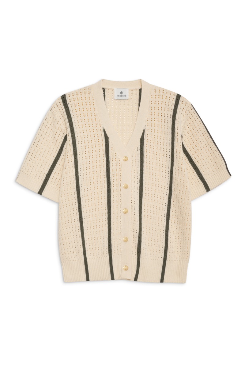 ANINE BING Camryn Cardigan A-09-10279, Ivory And Army Green Stripe