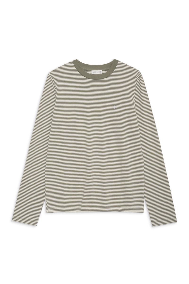 ANINE BING Rylan Tee A-08-4280-074, Olive And Ivory Stripe