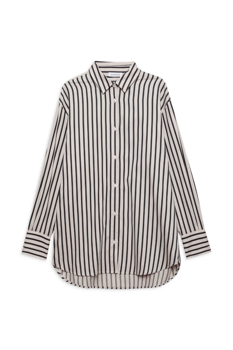 Anine Bing Plaza Shirt, Black And Tan Stripe