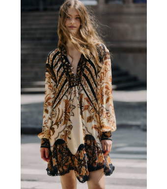 Farm Rio Lace Long Sleeves Mini Dress Majestic Garden, Majestic Garden Sand