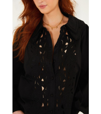 Farm Rio Long Sleeve Shirt Black Embroidered, Black