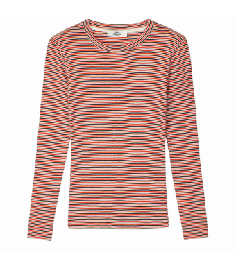 Mads Nørgaard Tuba Tee Long Sleeve 2x2 Cotton Stripe, Fiery Red/vanilla Ice