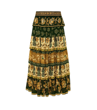 Farm Rio Mixed Scarves Ruffl Maxi Skirt Ayla Green, Ayla Green