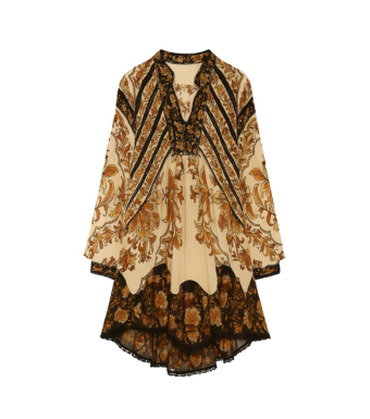 Farm Rio Lace Long Sleeves Mini Dress Majestic Garden, Majestic Garden Sand