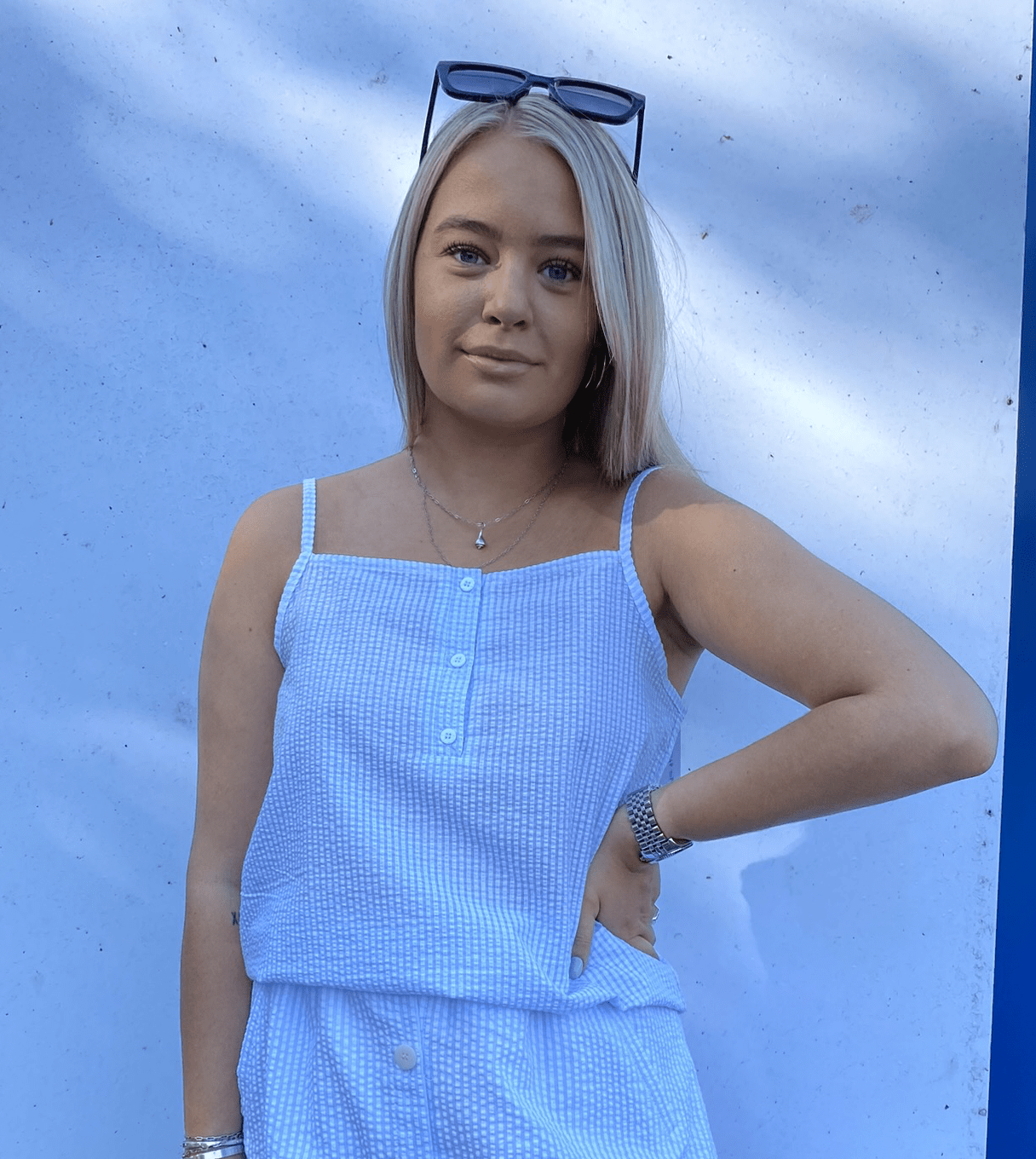 Noella Sully Strap Top Seersucker, Blue/white Stripe