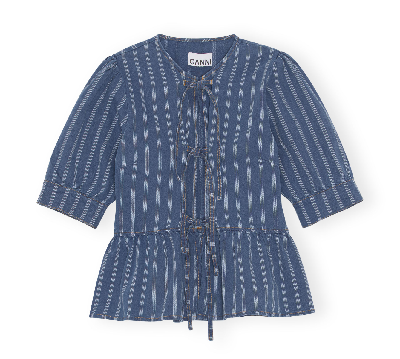Ganni J1133 Peplum Blouse Light Stripe Denim, 091 Tint Wash