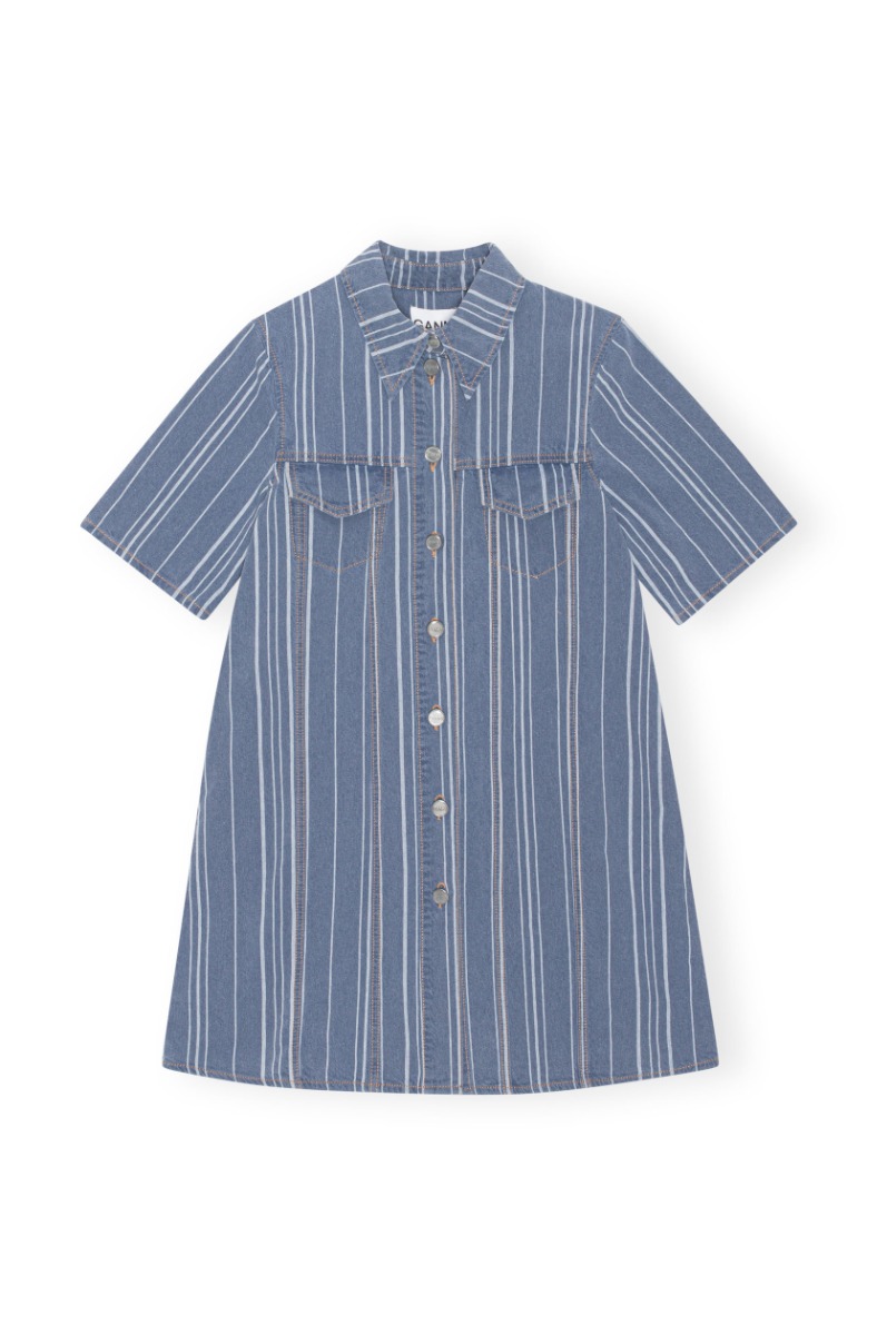GANNI J1331 Denim Mini Dress Light Stripe, 566 Mid Blue Stone
