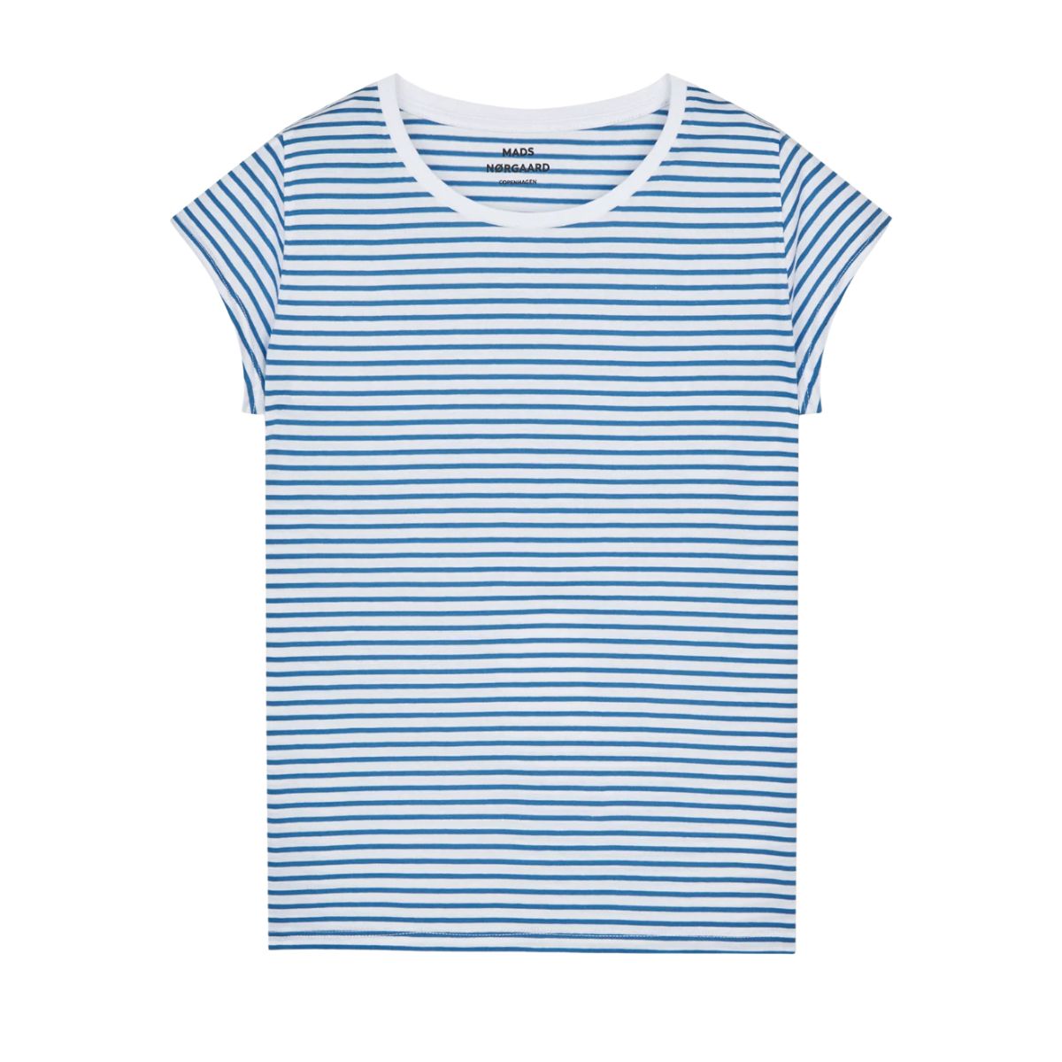 Mads Nørgaard Fine Jersey Teasy Tee Fav Stripe, Briliant White/bright Cobalt