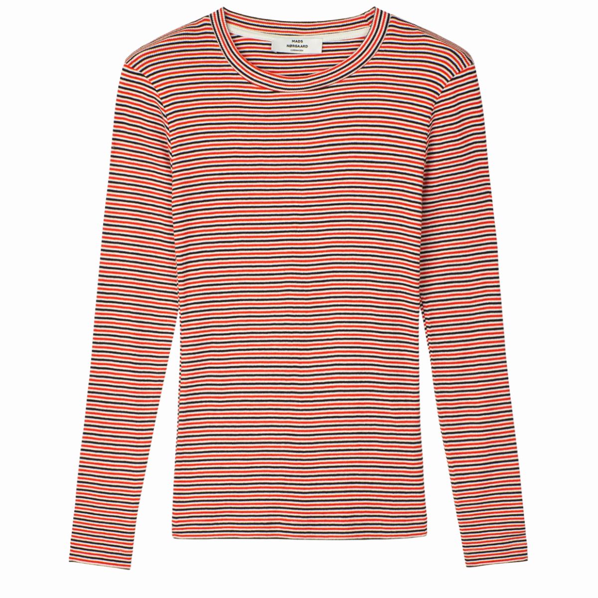Mads Nørgaard Tuba Tee Long Sleeve 2x2 Cotton Stripe, Fiery Red/vanilla Ice