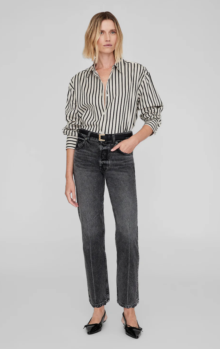 Anine Bing Plaza Shirt, Black And Tan Stripe