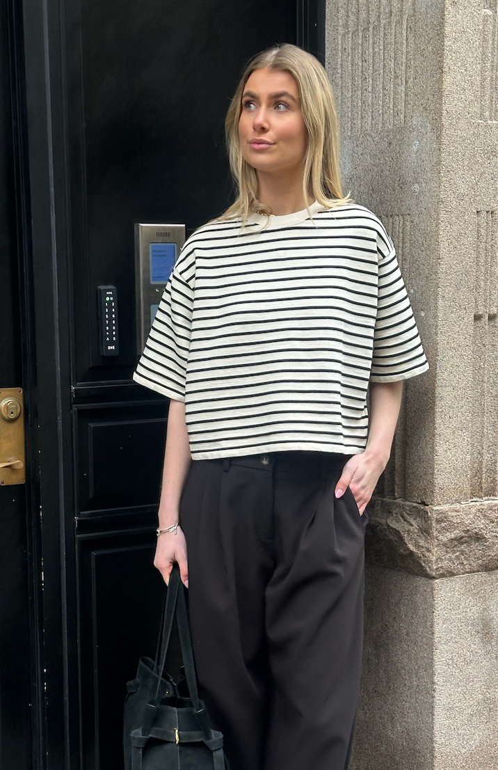 Anine Bing Myers Cropped Tee, Black Stripe French Terry