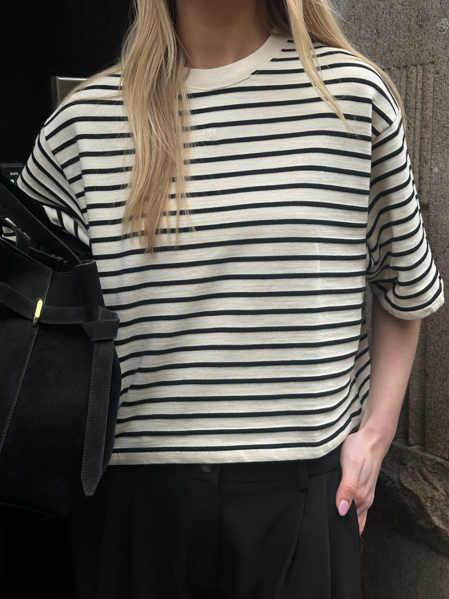 Anine Bing Myers Cropped Tee, Black Stripe French Terry