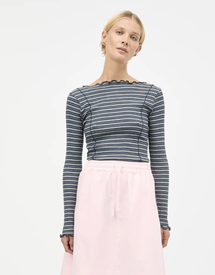 Mads Nørgaard Siri Top 2x2 Cotton Stripe, Sky Captain/vanilla Ice