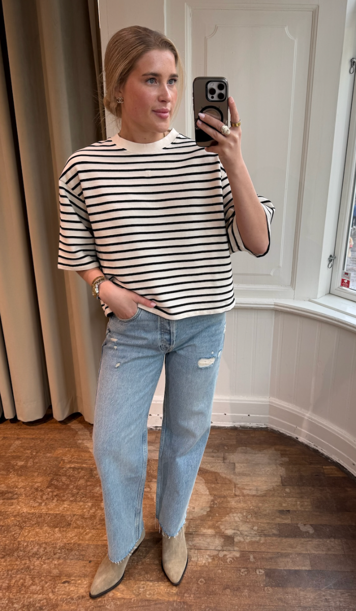 Anine Bing Myers Cropped Tee, Black Stripe French Terry
