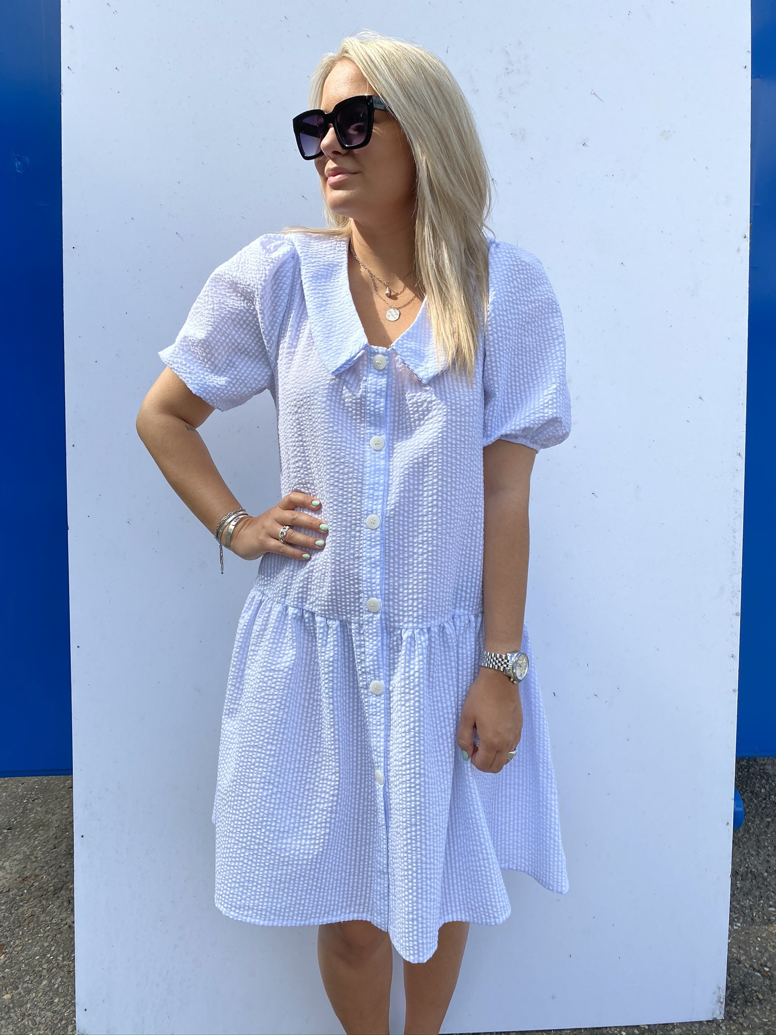 Melina Dress Cotton Poplin, Blue/white Stripe